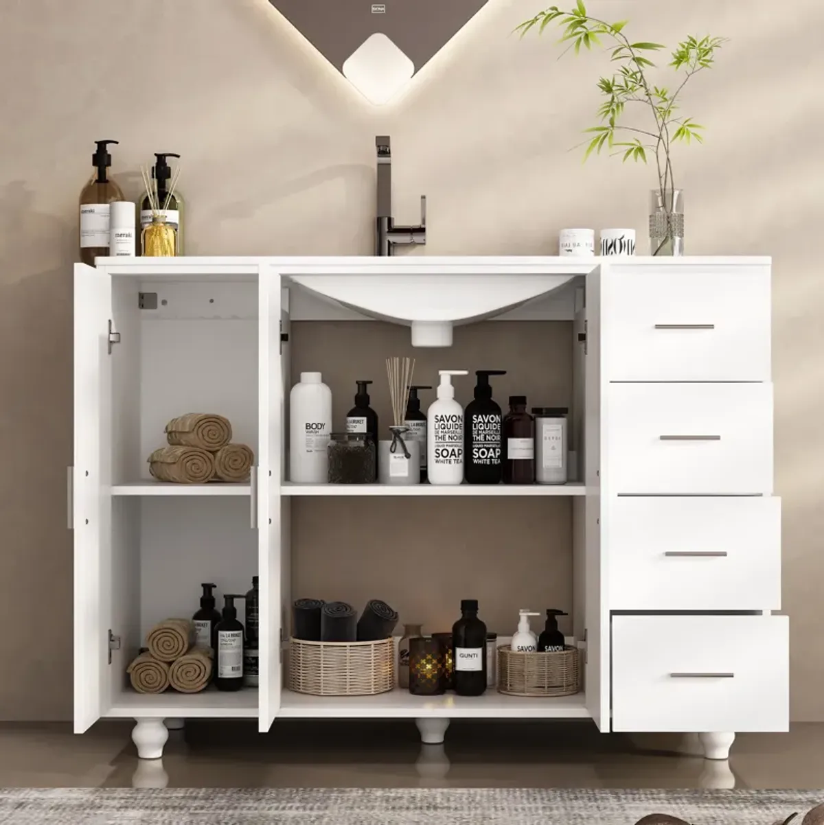 FUFU&GAGA Modern Bathroom Vanity Cabinet with Storage Drawers and Shelves, (46.4" W x 18.3" D x 34.8" H),White