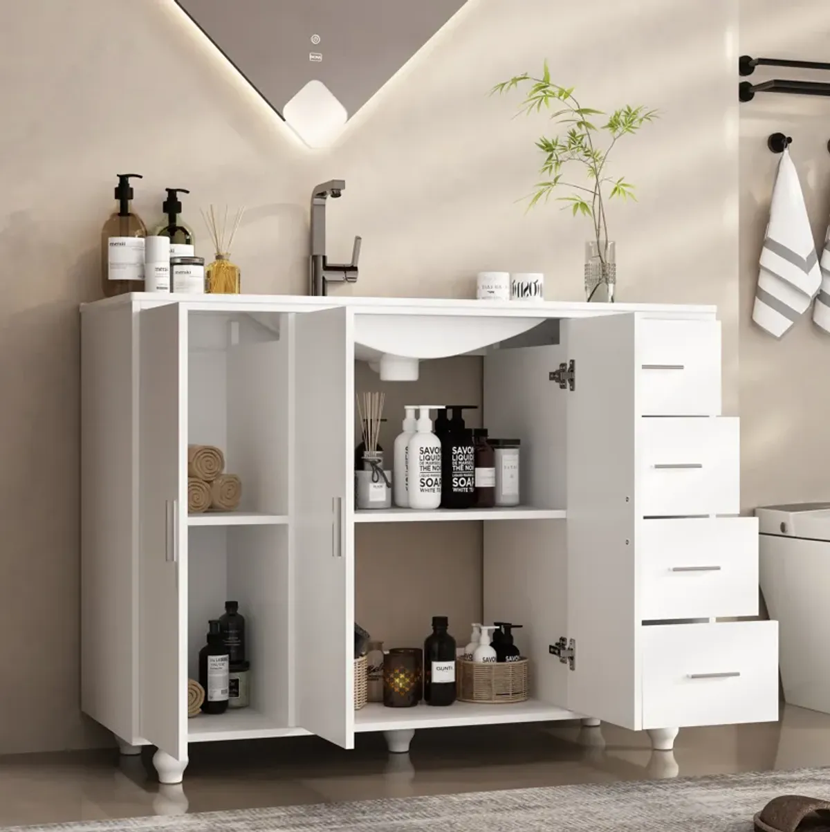 FUFU&GAGA Modern Bathroom Vanity Cabinet with Storage Drawers and Shelves, (46.4" W x 18.3" D x 34.8" H),White