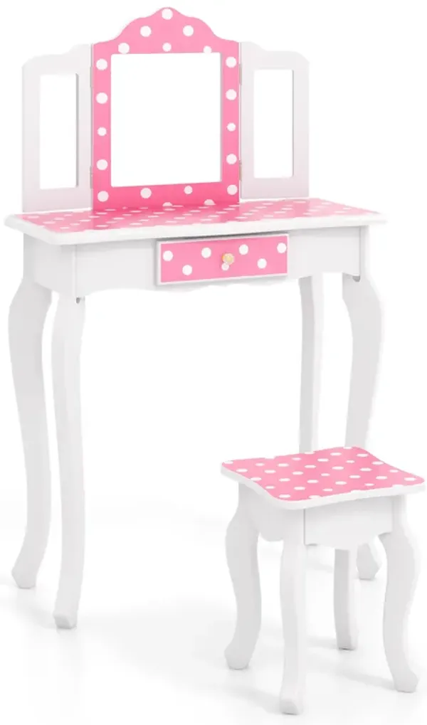Princess Pretend Play Makeup Dressing Table with Cute Polka Dot Print-Pink