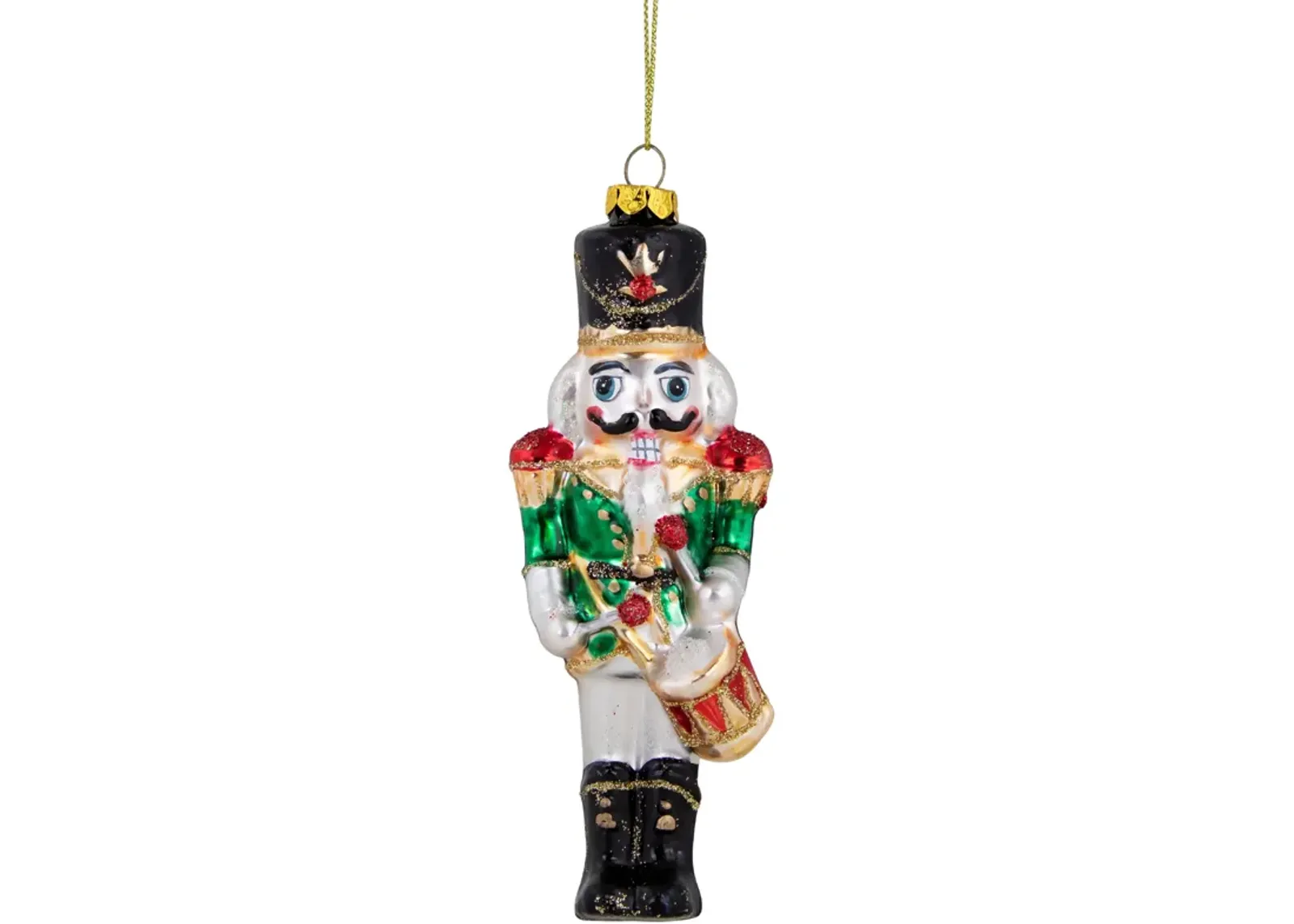 5.25" Green  Red and Gold Nutcracker With Drum Glass Christmas Ornament