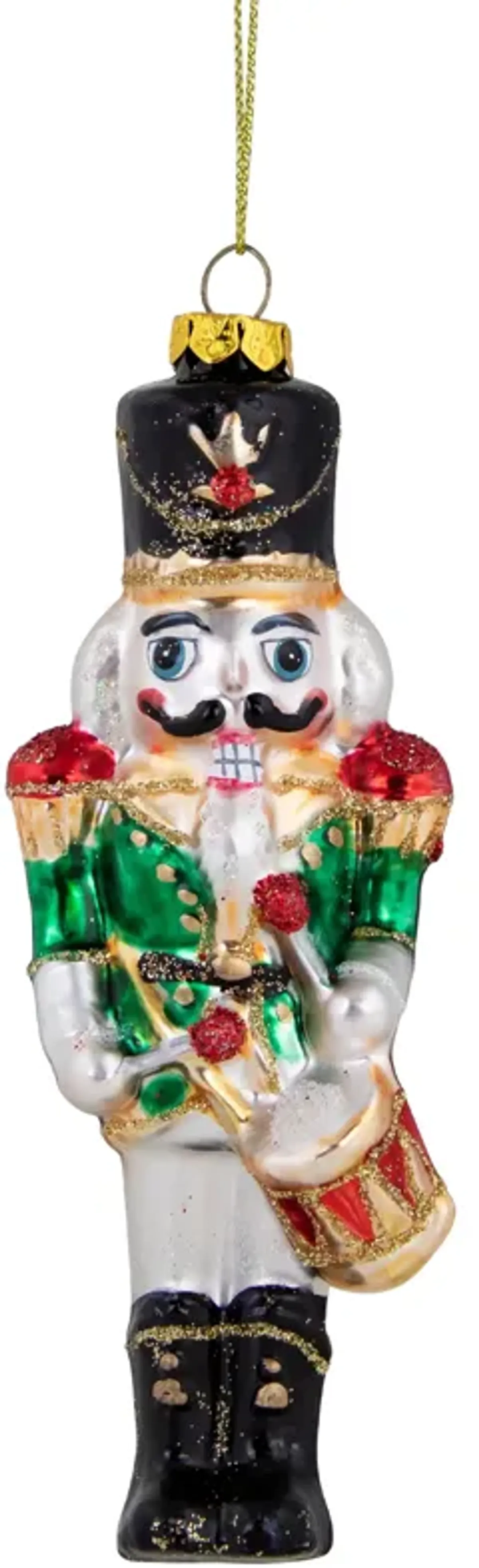 5.25" Green  Red and Gold Nutcracker With Drum Glass Christmas Ornament