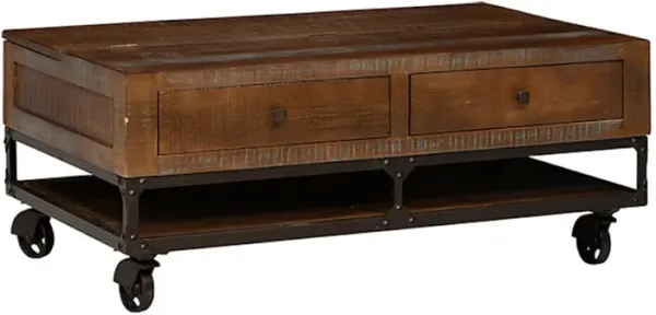 Benjara Itzy 49 Inch Cocktail Coffee Table with Lift Top, Drawers, Pine Wood, Brown and Gold Tone