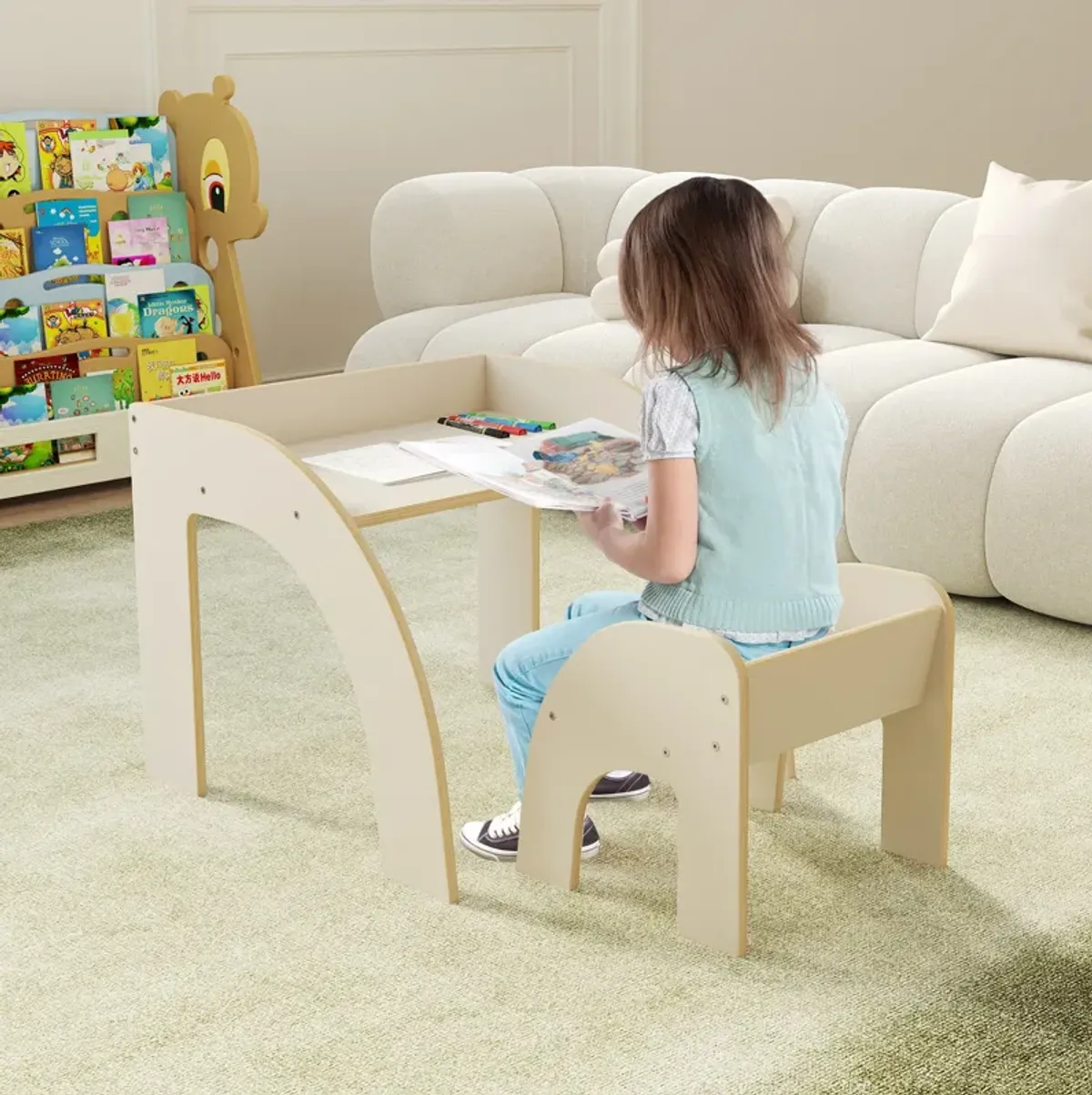 Kids Table and Chair Set with Wide Tabletop and Curved Edges for Kids Room