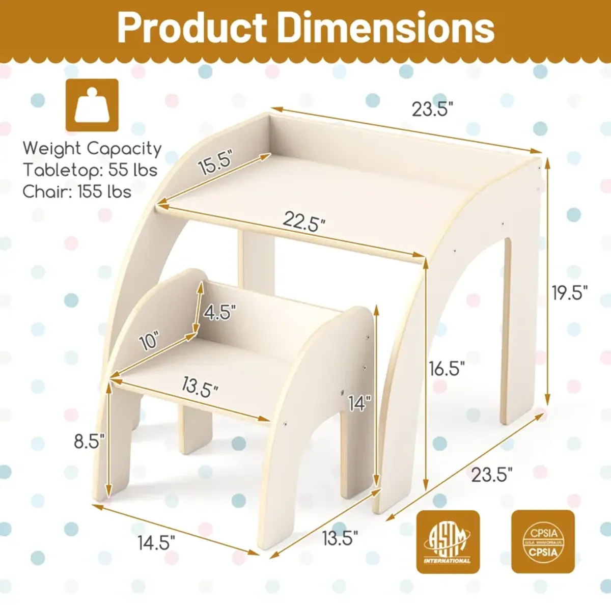 Kids Table and Chair Set with Wide Tabletop and Curved Edges for Kids Room