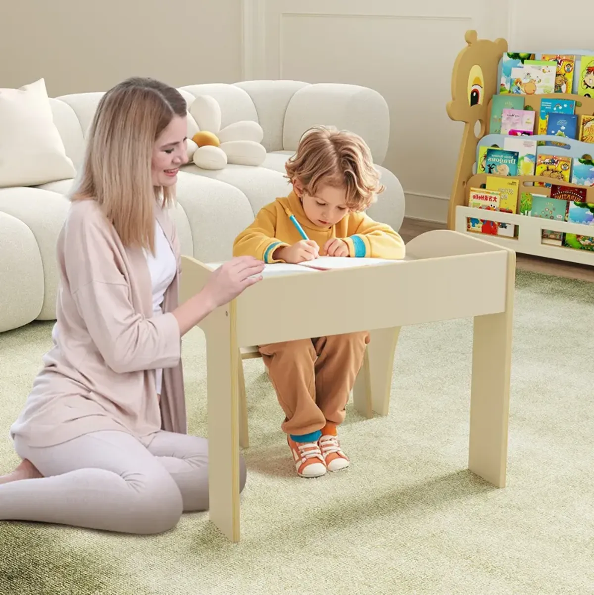 Kids Table and Chair Set with Wide Tabletop and Curved Edges for Kids Room