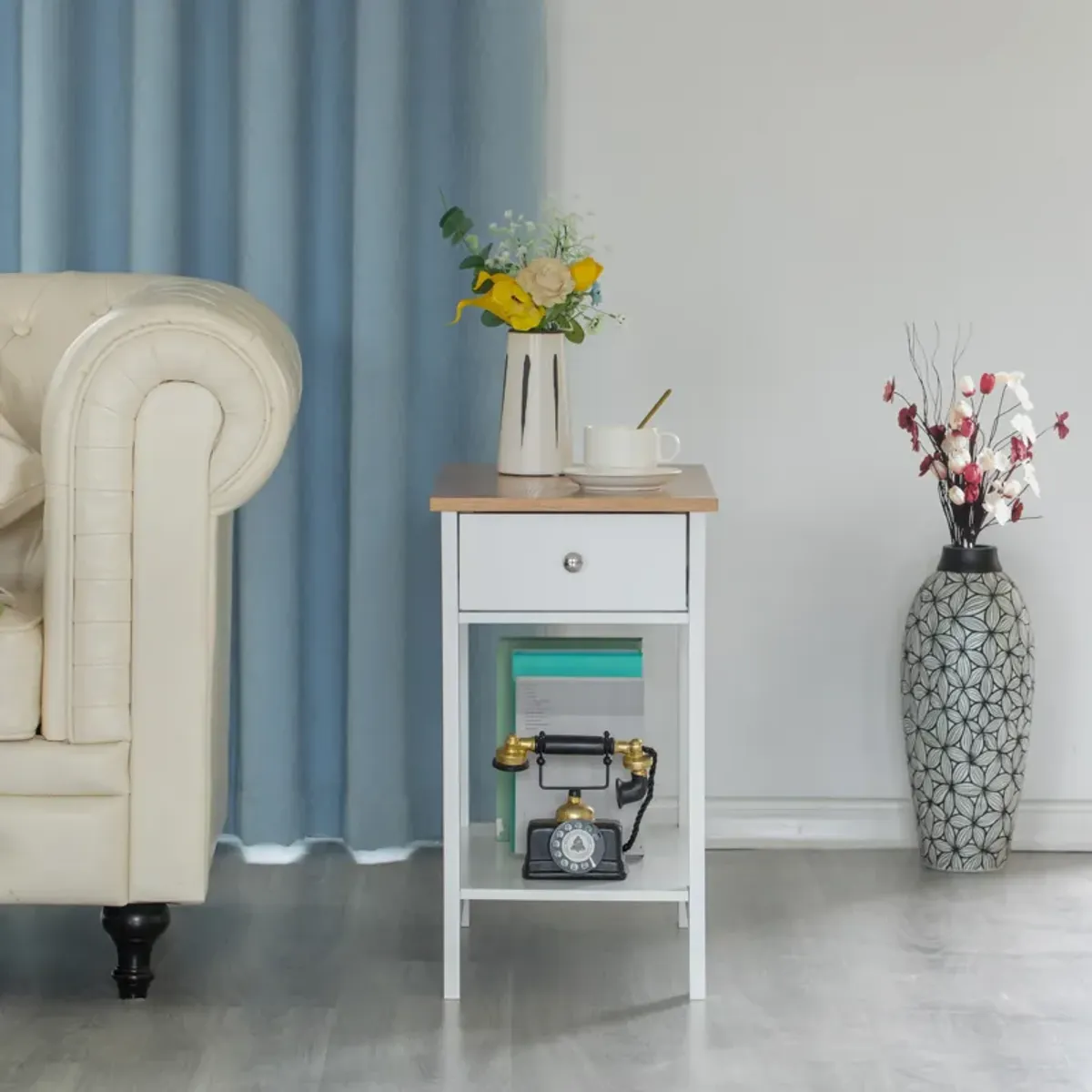 White End or Sofa Side Table With Wooden Drawer and Shelf For Entryway, Living room, and Bedroom