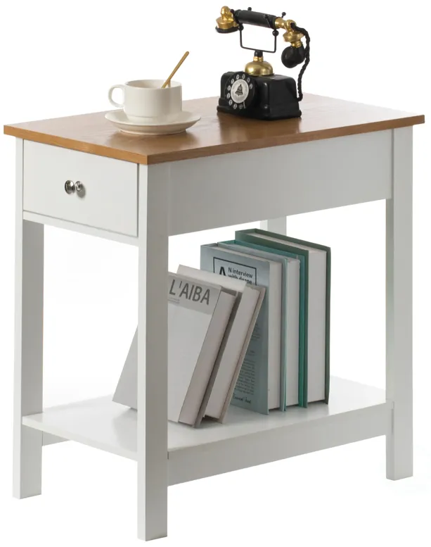 White End or Sofa Side Table With Wooden Drawer and Shelf For Entryway, Living room, and Bedroom