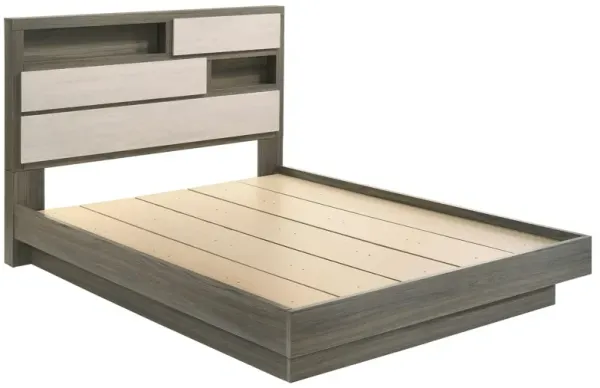 Fene Queen Size Bed, Bookcase Headboard, Wood Gray, Hidden Storage - Benzara