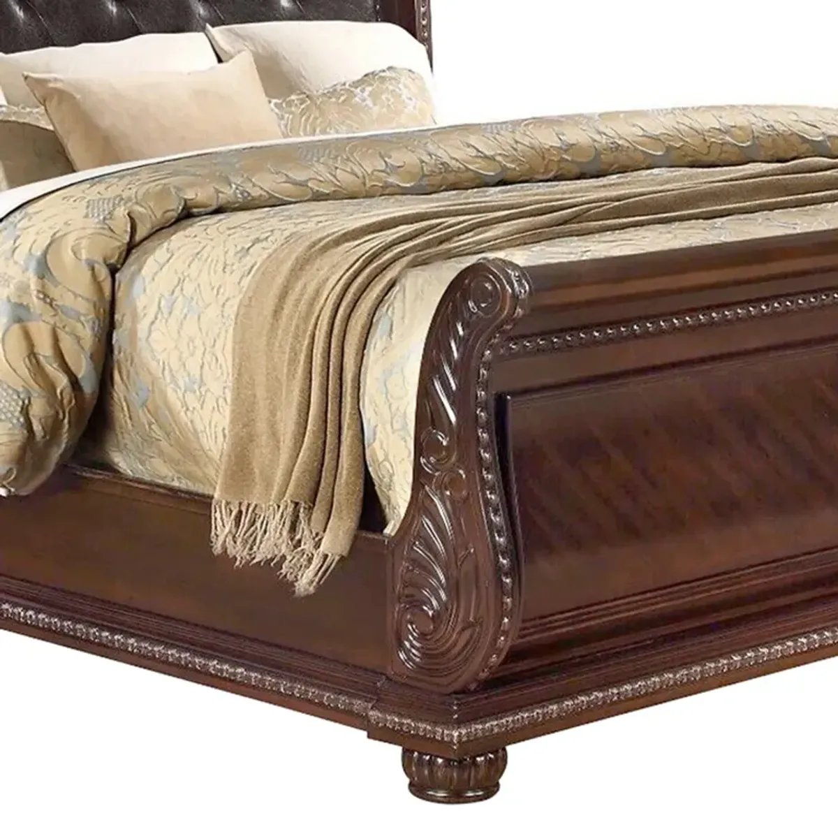 Mano King Bed, Faux Leather Upholstery, Classic Floral Carved, Brown Wood - Benzara