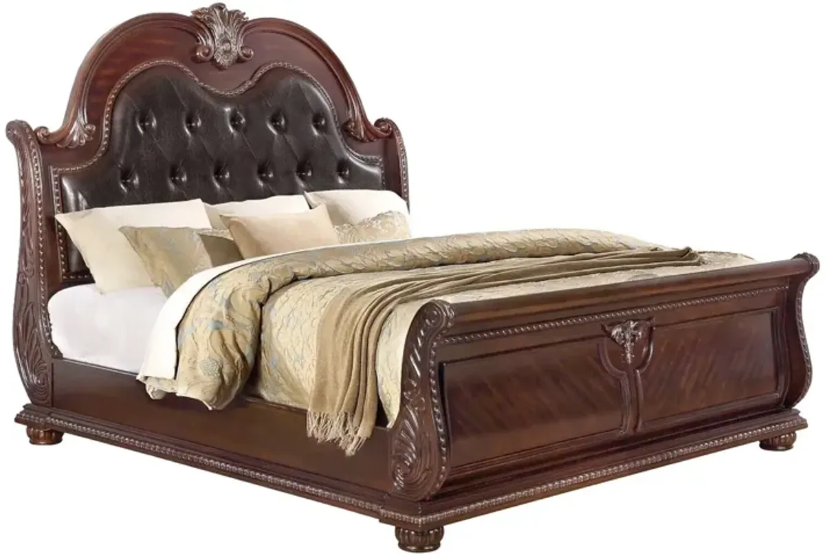 Mano King Bed, Faux Leather Upholstery, Classic Floral Carved, Brown Wood - Benzara