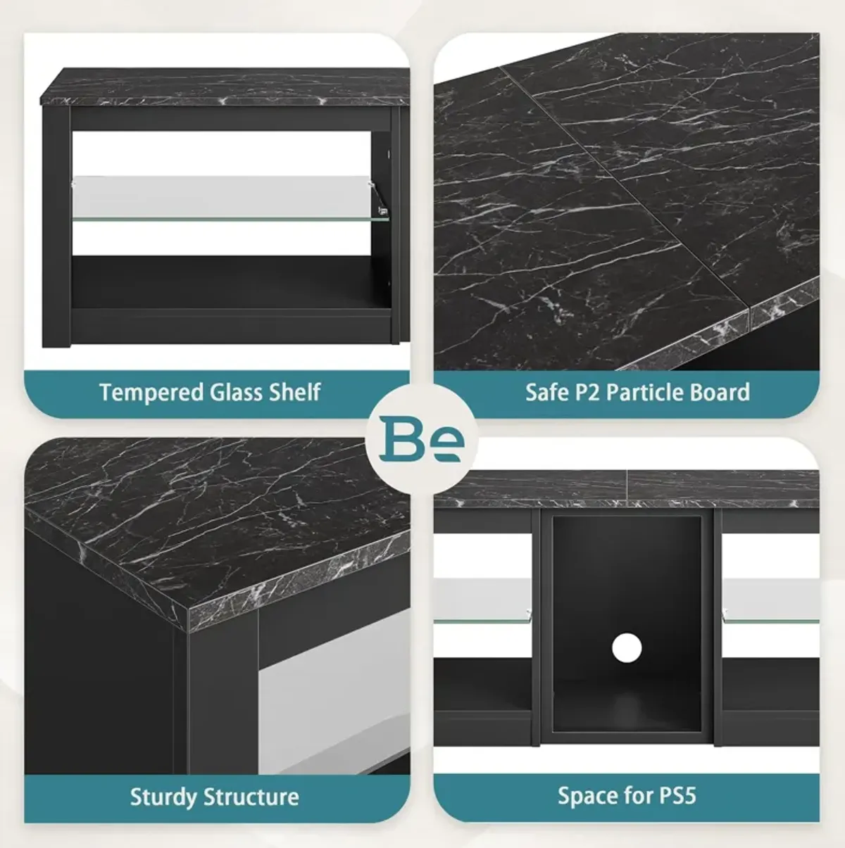 Black Marble Gaming TV Consoles with Glass Shelves for Living Room