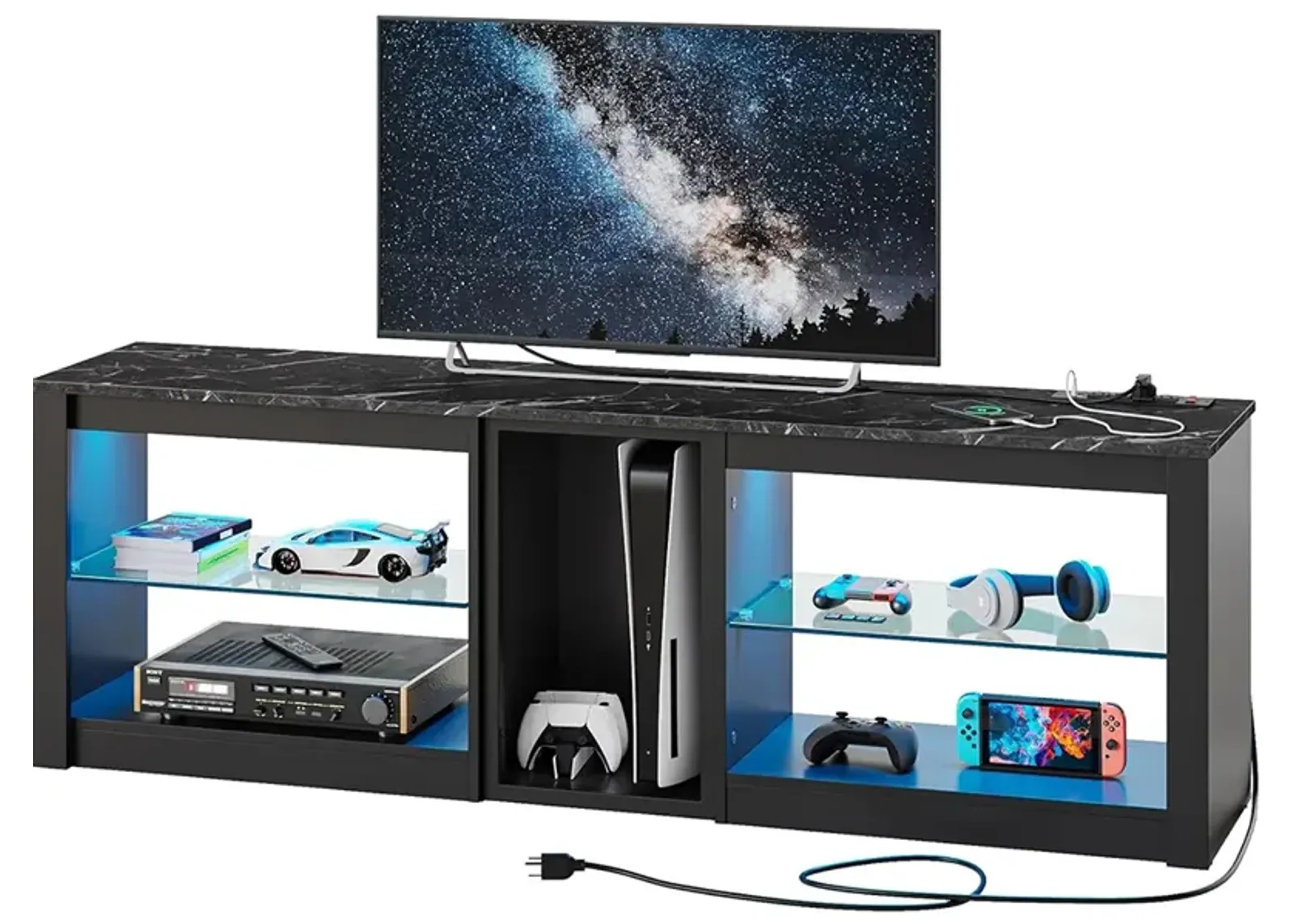 Black Marble Gaming TV Consoles with Glass Shelves for Living Room