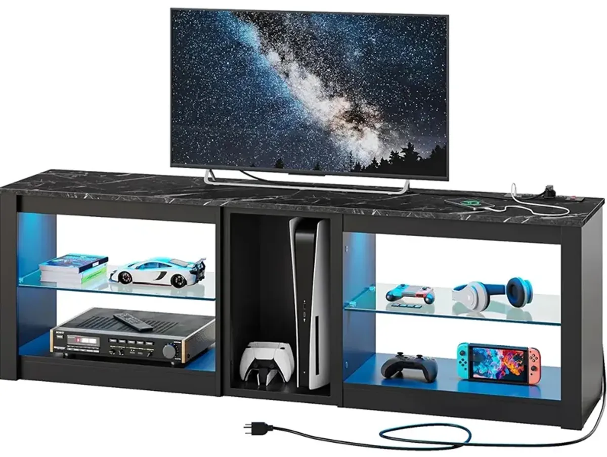 Black Marble Gaming TV Consoles with Glass Shelves for Living Room