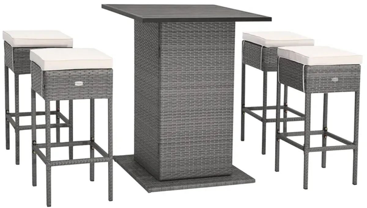 5 Pieces Outdoor Wicker Bar Table Set with Hidden Storage Shelves-White