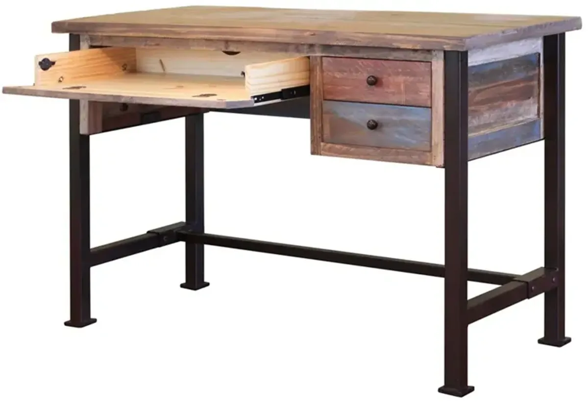 Fena 48 Inch 3 Drawer Office Desk, Iron Base, Multicolor Distress Pine Wood-Benzara