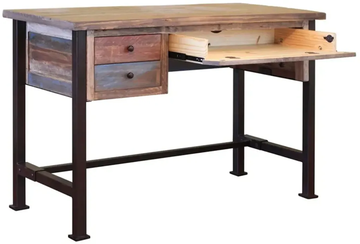 Fena 48 Inch 3 Drawer Office Desk, Iron Base, Multicolor Distress Pine Wood-Benzara