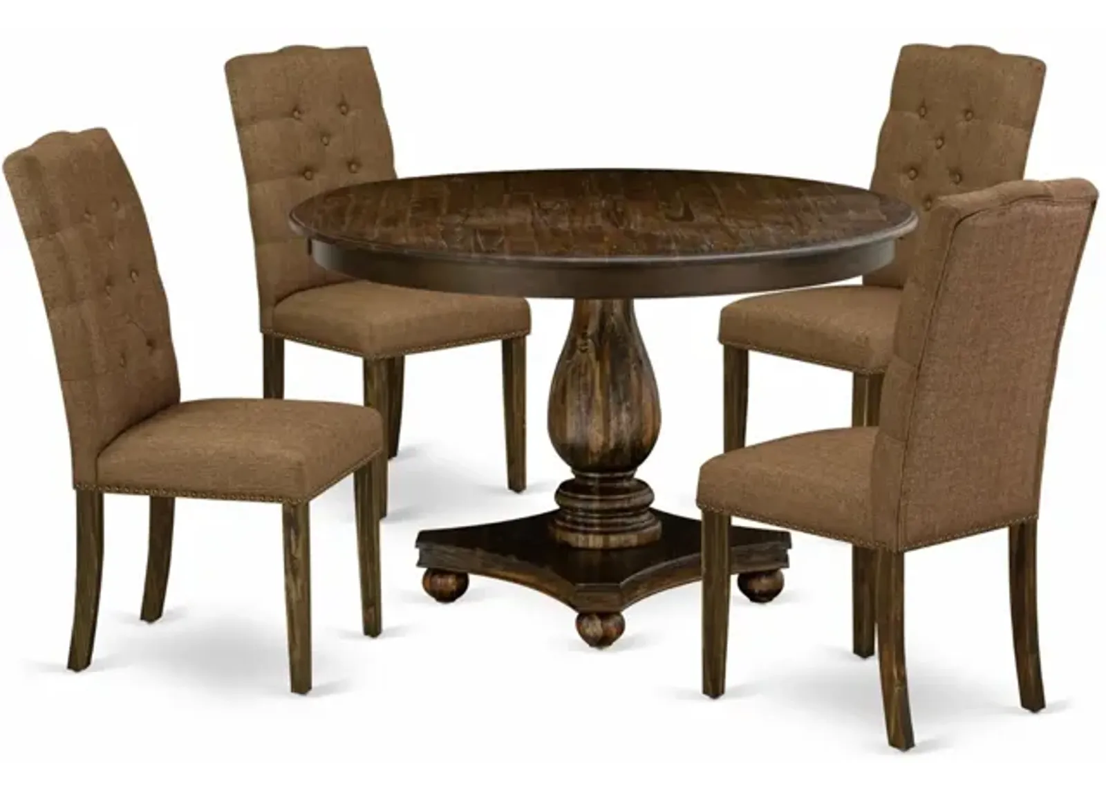 East West Furniture F2EL5-718 5Pc Dining Room Set - Round Table and 4 Parson Chairs - Distressed Jacobean Color