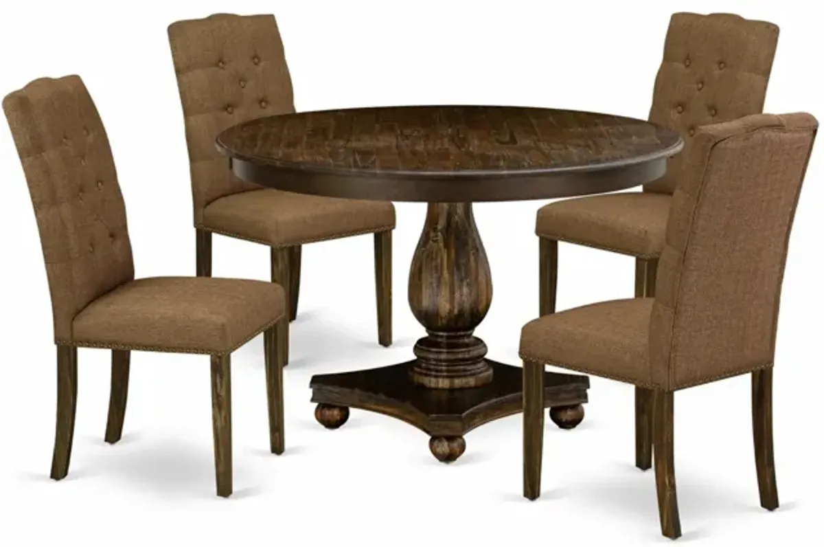 East West Furniture F2EL5-718 5Pc Dining Room Set - Round Table and 4 Parson Chairs - Distressed Jacobean Color