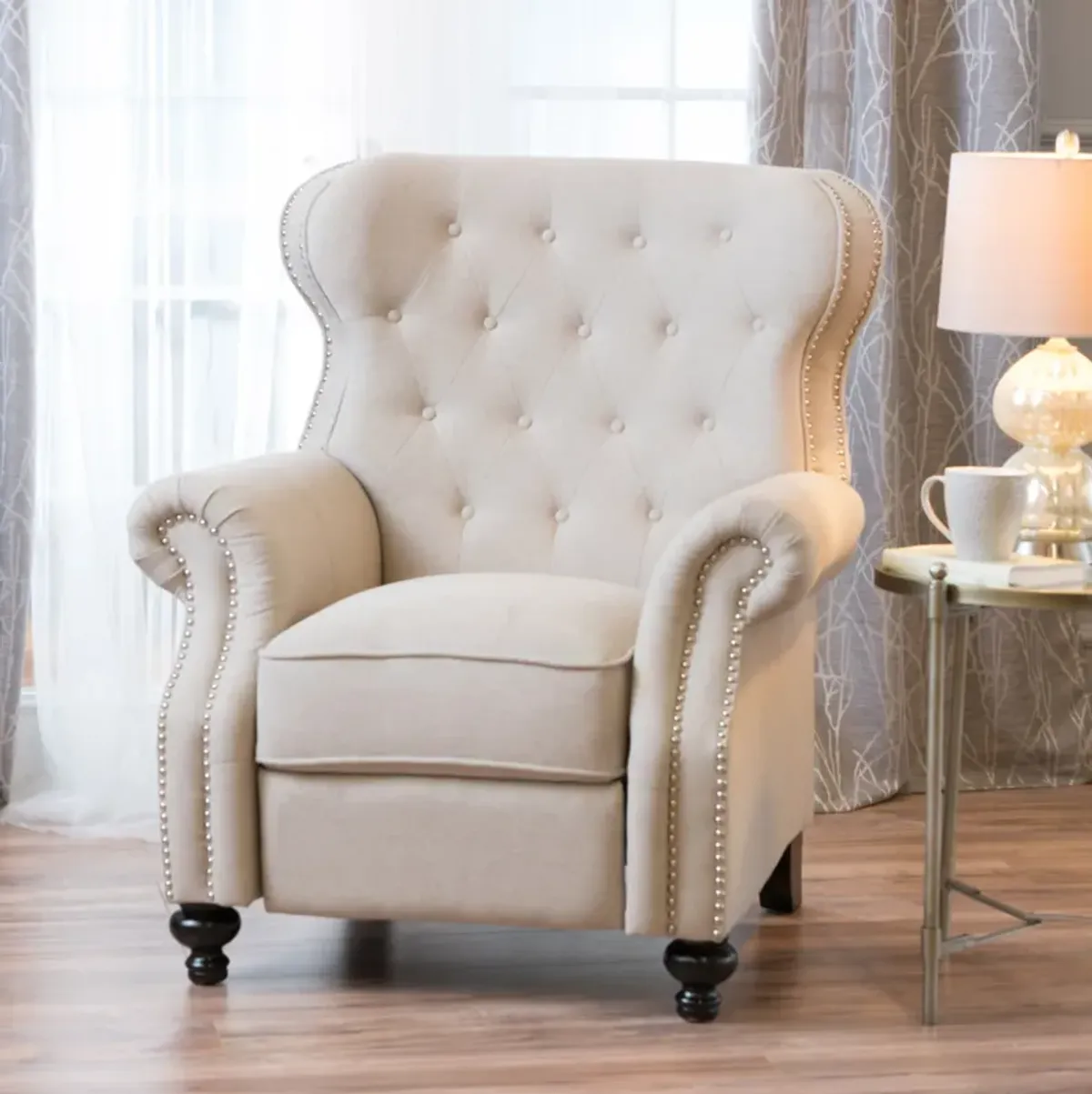 Luxurious Contemporary Button-Tufted Recliner with Nailheads and Pushback Mechanism