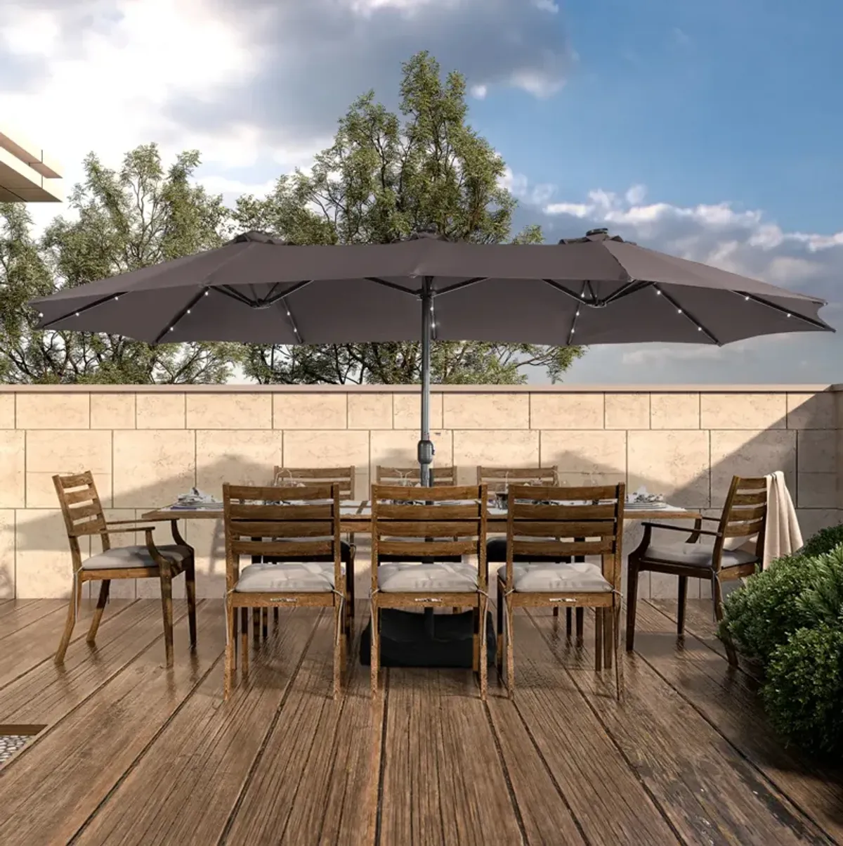 MONDAWE 15ft Rectangular Double-Sided Solar LED Outdoor Patio Market Umbrella with Base Included