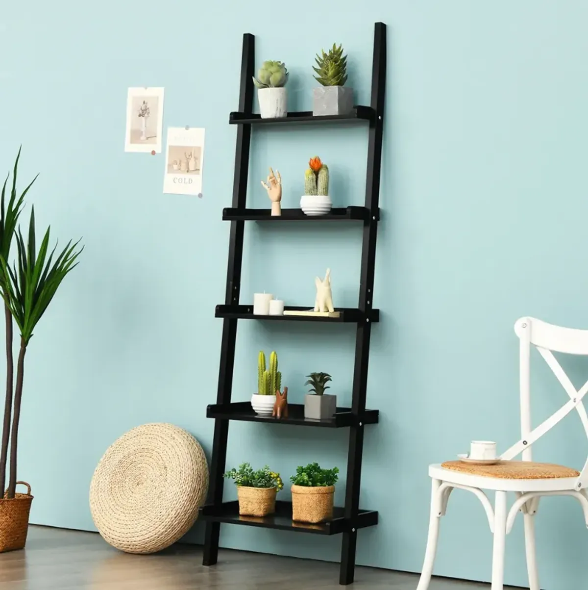 5-Tier Wall-leaning Ladder Shelf  Display Rack for Plants and Books