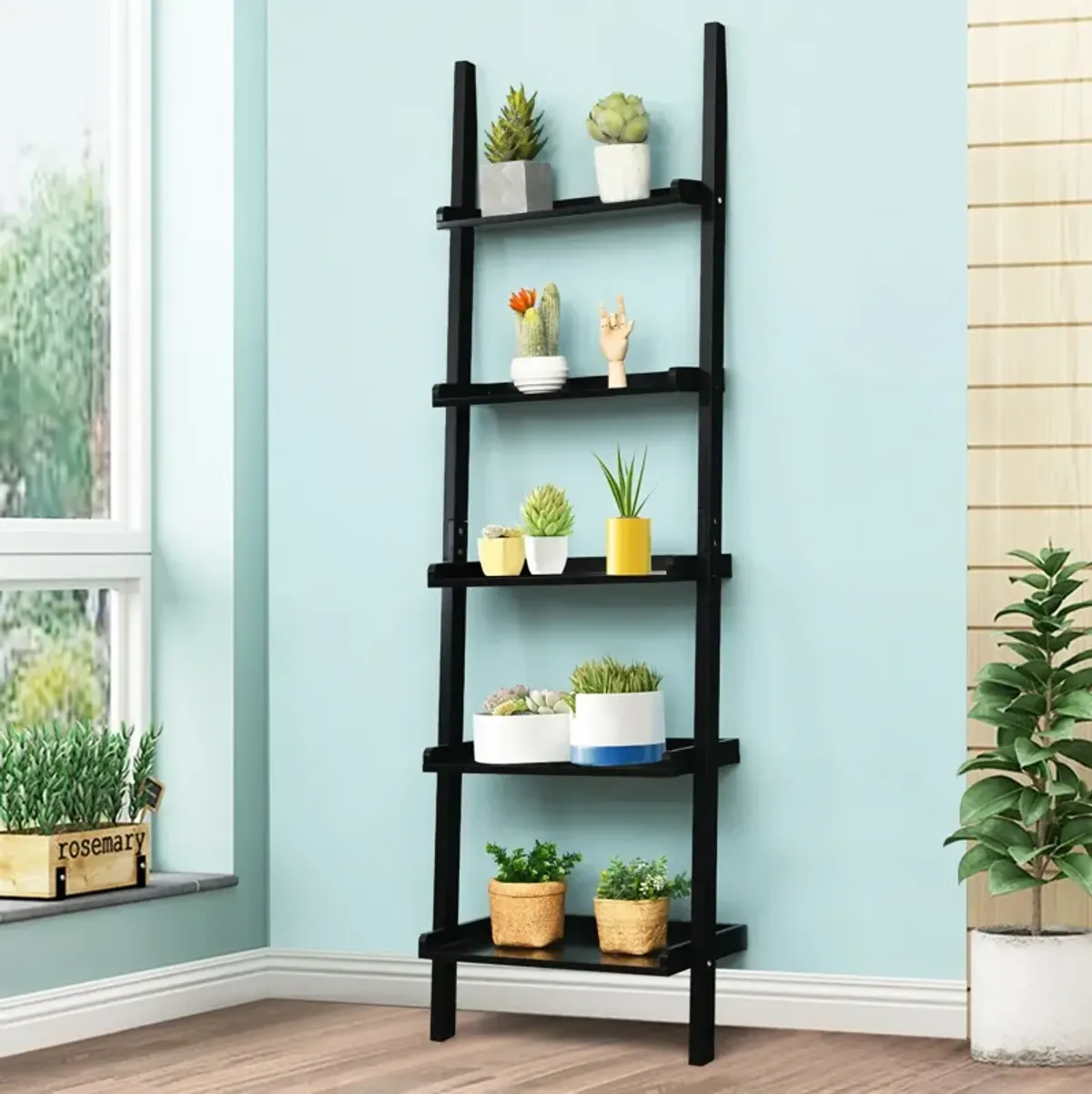 5-Tier Wall-leaning Ladder Shelf  Display Rack for Plants and Books