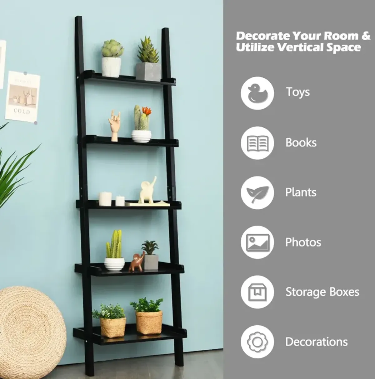 5-Tier Wall-leaning Ladder Shelf  Display Rack for Plants and Books