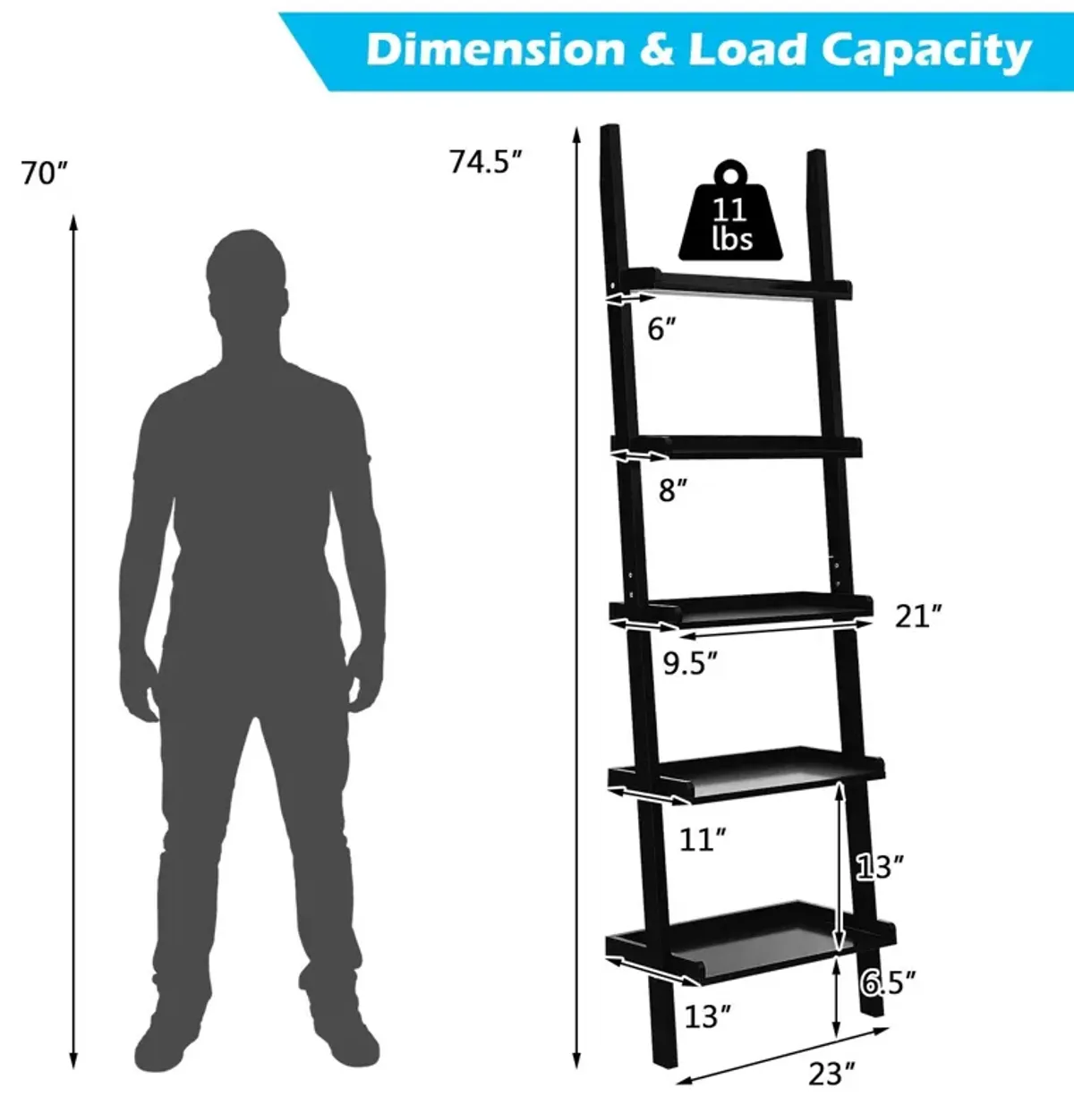 5-Tier Wall-leaning Ladder Shelf  Display Rack for Plants and Books