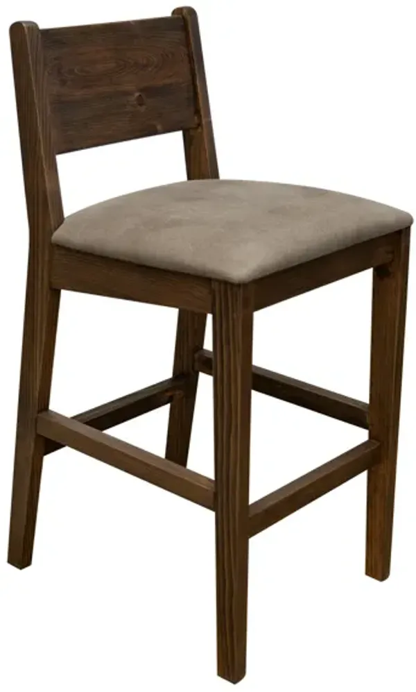 Loe 30 Inch Barstool Set of 2, Panel Back, Gray, Brown Solid Pine Wood