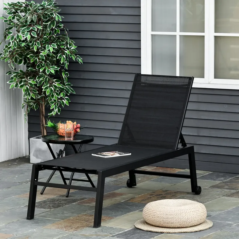 Black Patio Lounger: Chaise Chair with Wheels and Adjustable Back