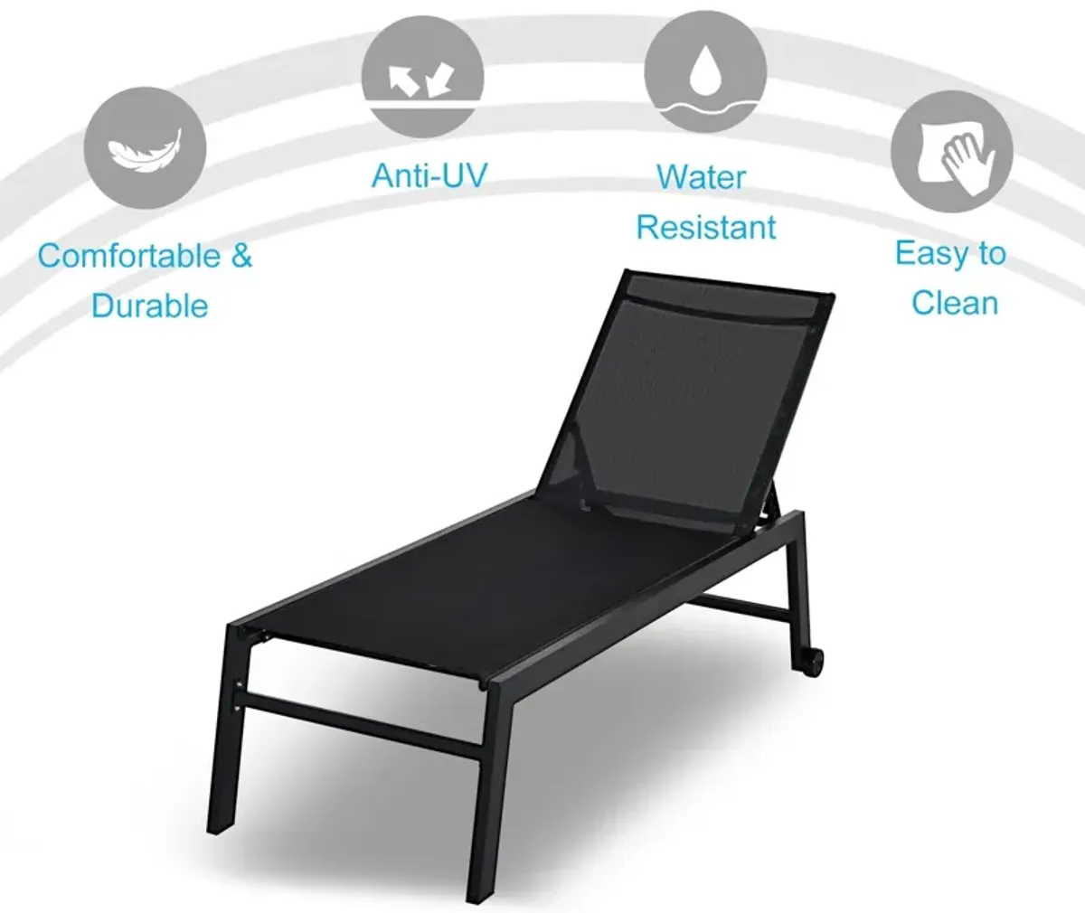 Black Patio Lounger: Chaise Chair with Wheels and Adjustable Back