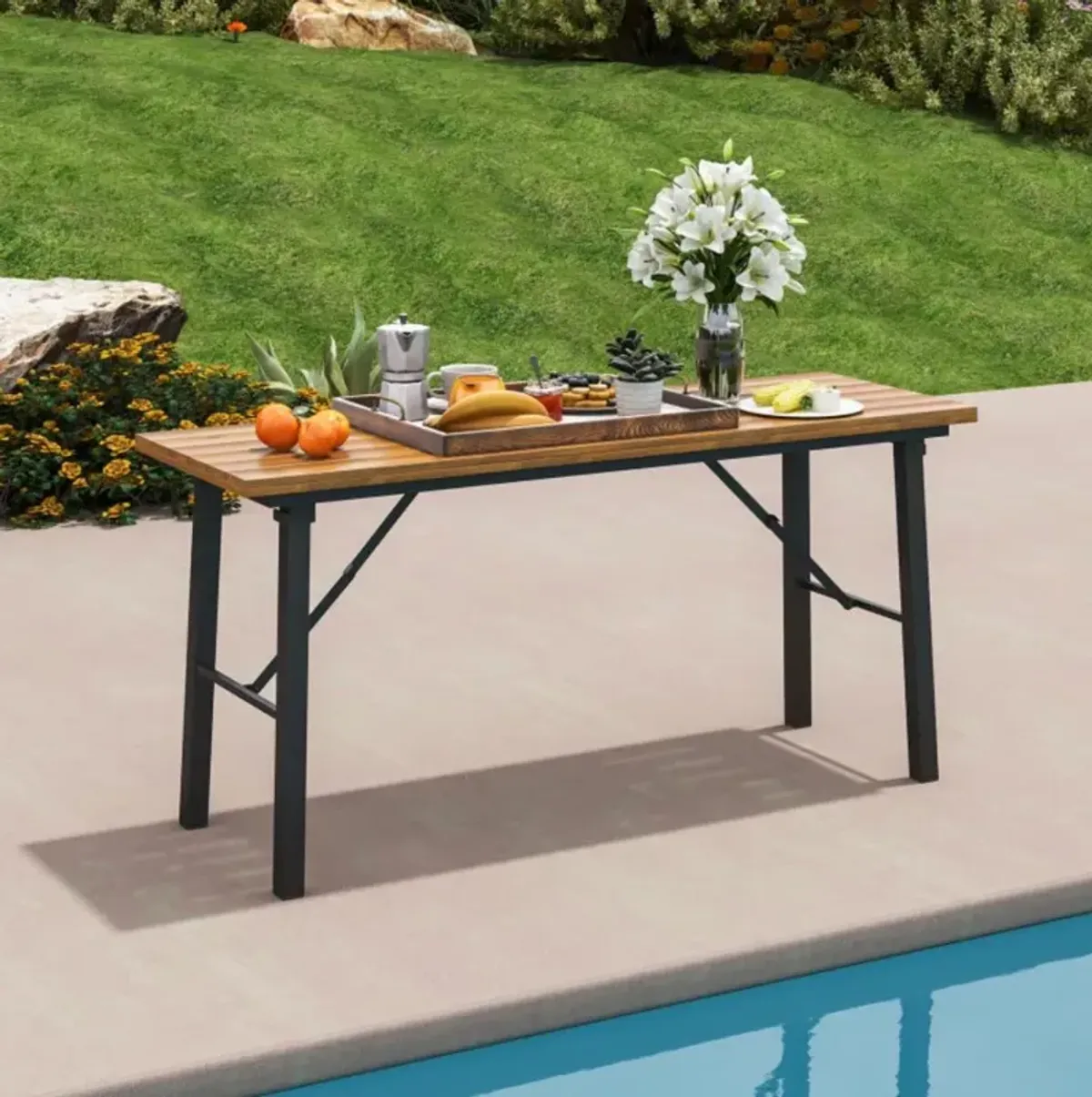 Hivvago Folding Picnic Table Acacia Wood Dining Table with Metal Frame for Indoor Outdoor Activities