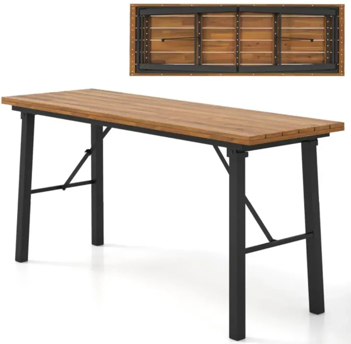 Hivvago Folding Picnic Table Acacia Wood Dining Table with Metal Frame for Indoor Outdoor Activities