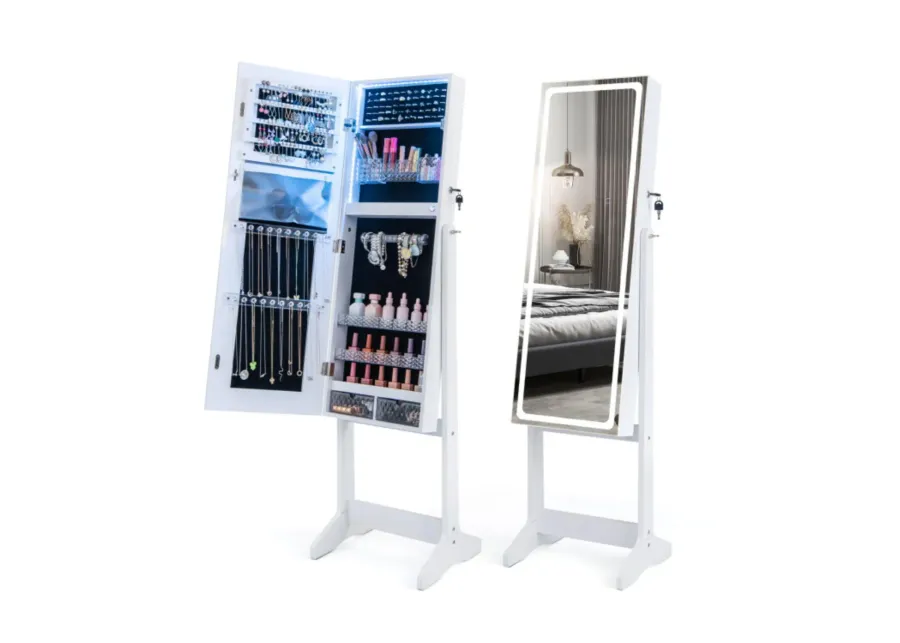 Hivvago Lockable Jewelry Armoire Standing Cabinet with Lighted Full-Length Mirror