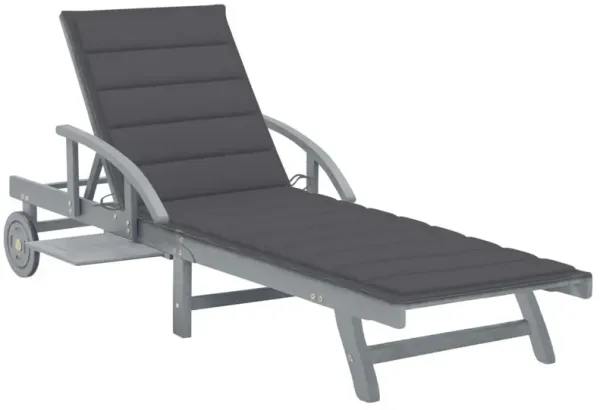 Patio Sun Chaise Lounger, Gray Fabric, Acacia Wood, Wheels, 78 Inch - Benzara