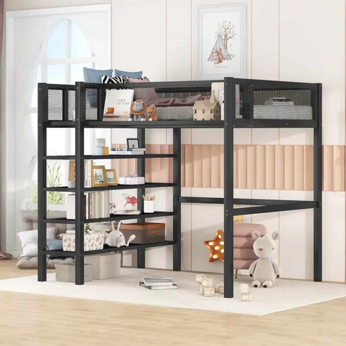 Twin Size Metal Loft Bed With 4 Tier Shelves And Storage