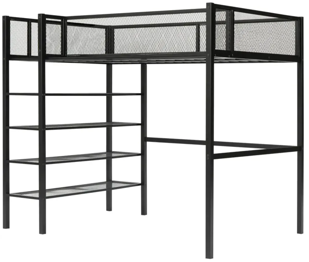 Twin Size Metal Loft Bed With 4 Tier Shelves And Storage