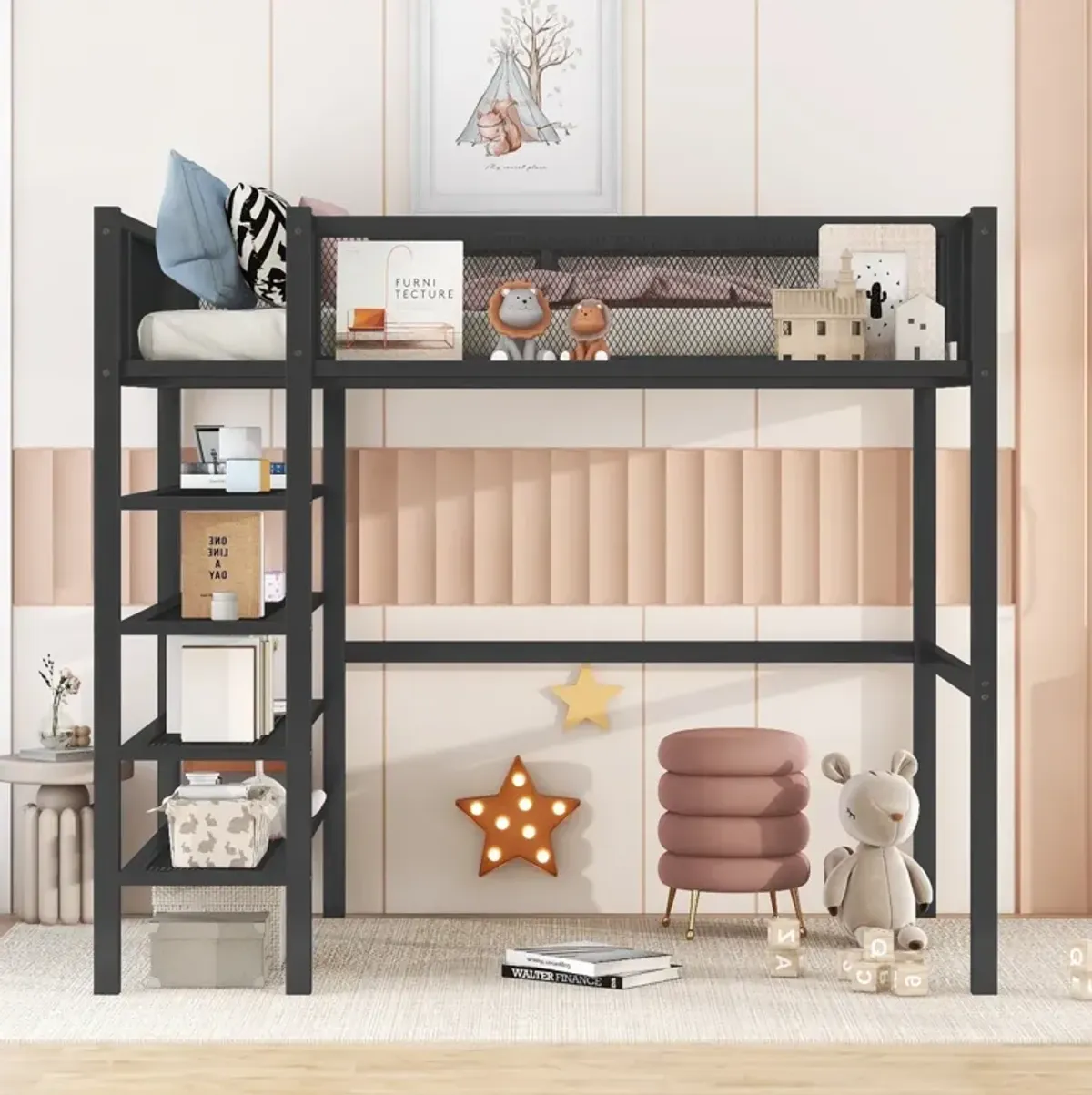 Twin Size Metal Loft Bed With 4 Tier Shelves And Storage