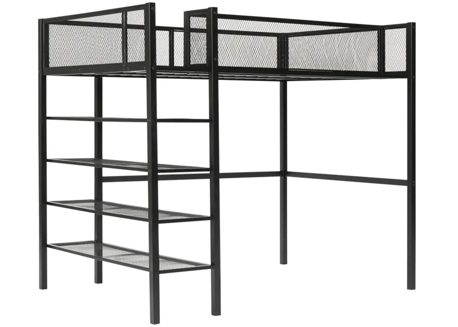 Twin Size Metal Loft Bed With 4 Tier Shelves And Storage