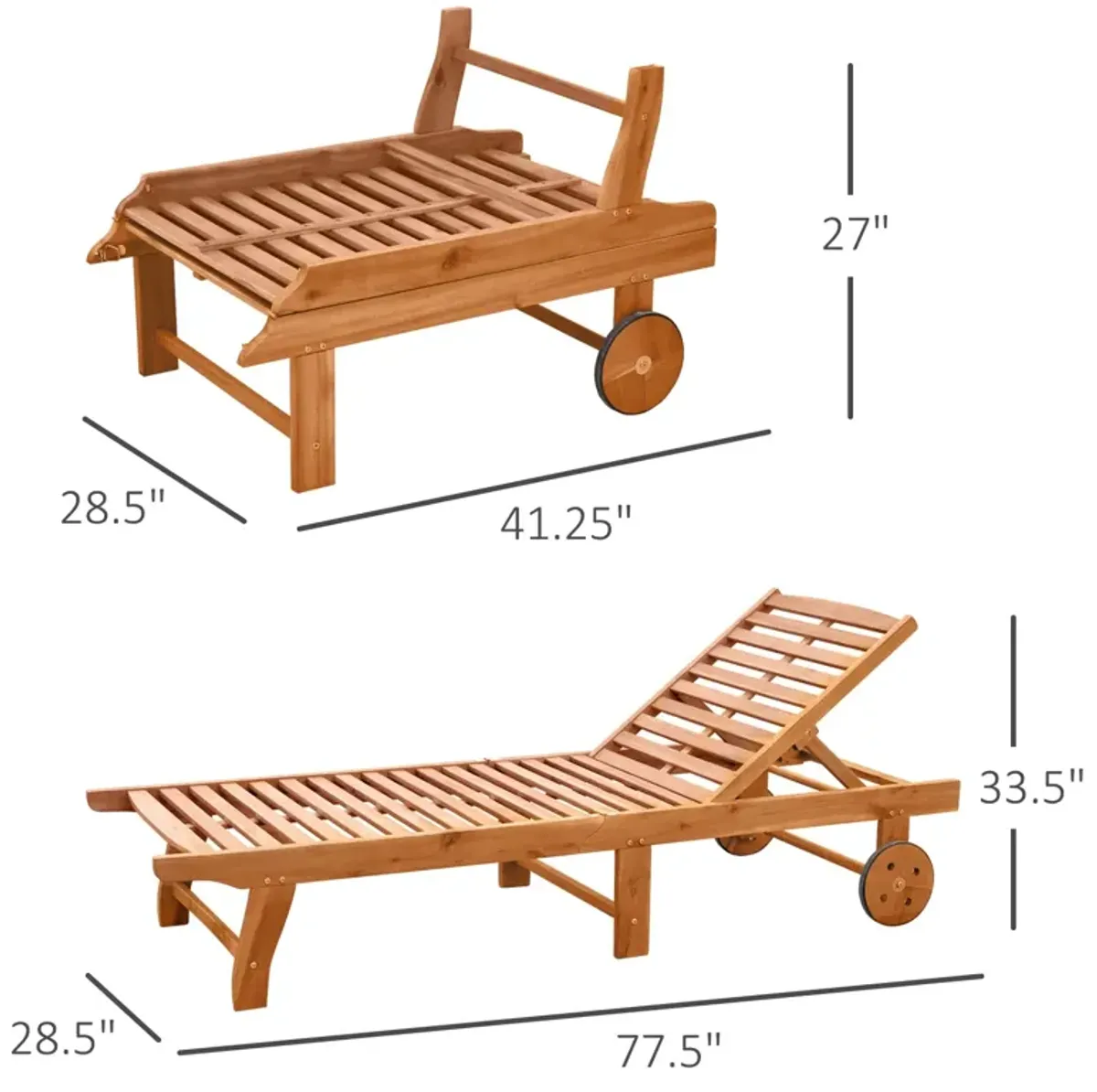 Teak Poolside Lounger: Folding Wooden Chaise with Wheels & Recliner