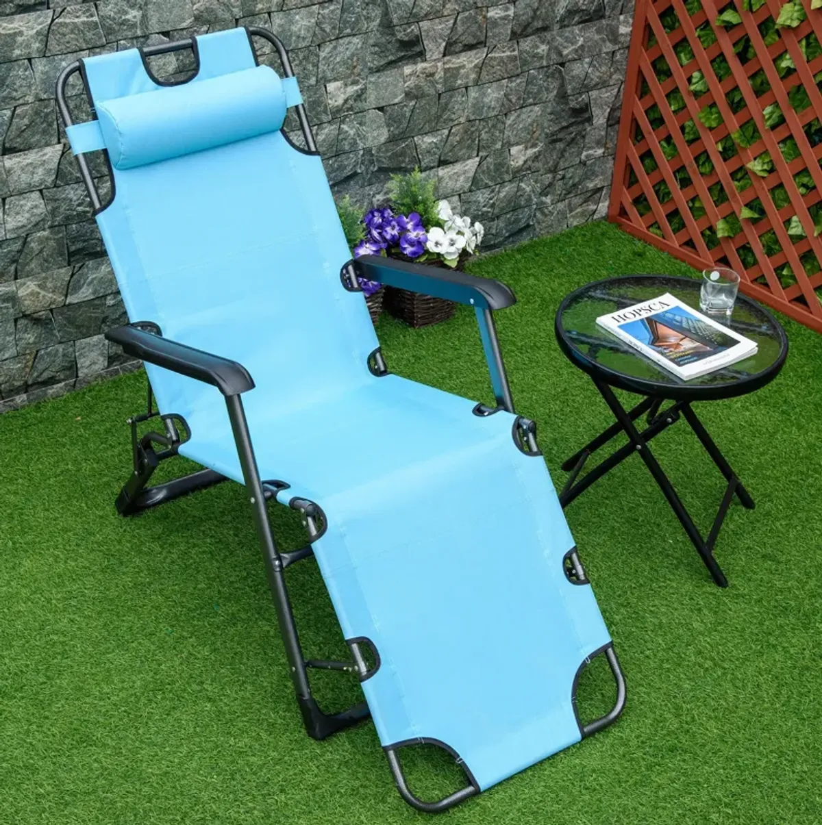 Blue Patio Recliner: 2-in-1 Folding Lounger with 120°/180° Positions