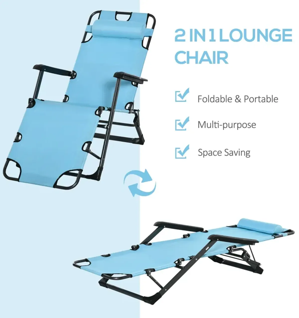 Blue Patio Recliner: 2-in-1 Folding Lounger with 120°/180° Positions