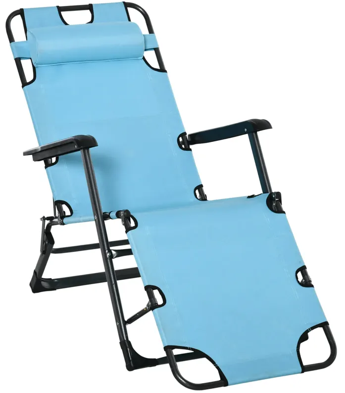 2-in-1 Patio Lounge Chair w/ Pillow, Outdoor Folding Sun Lounger Reclining to 120°/180°, Oxford Fabric, Blue