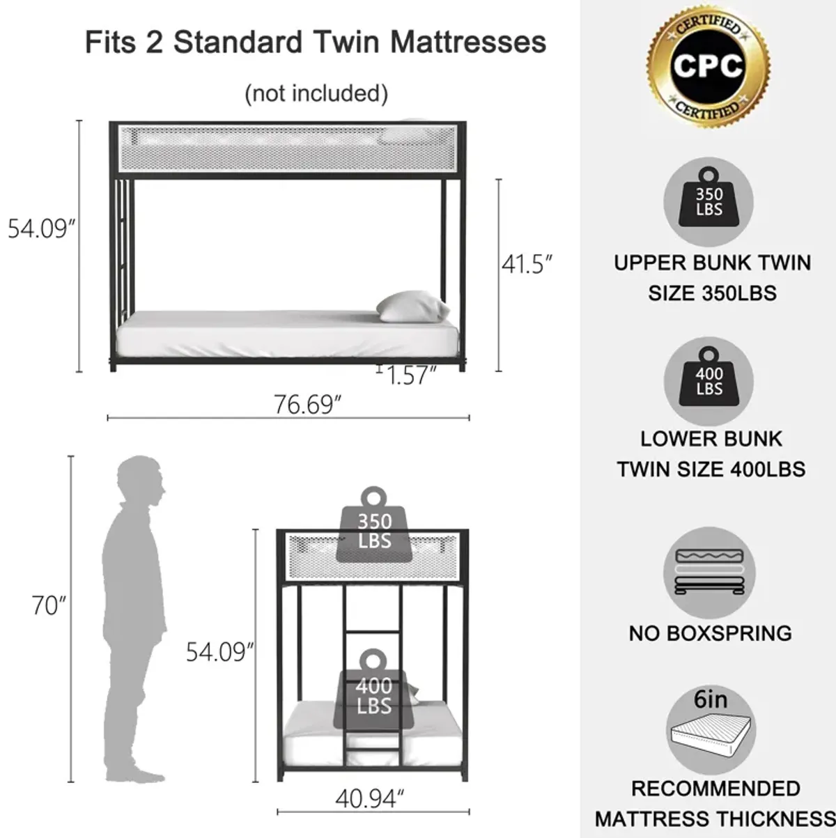 Twin Over Twin Bunk Metal Bed Frame with Mesh Guard Rail, Removable Ladder, Low Loft Bunk for Kids Bedrooms, Easy Assembly, Black