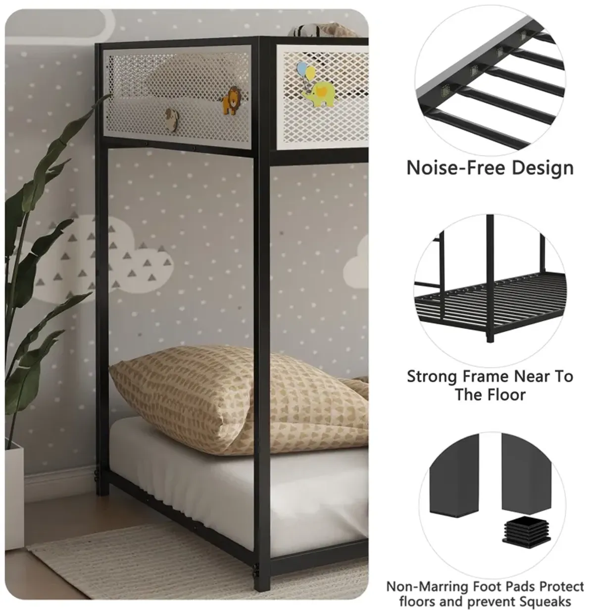 Twin Over Twin Bunk Metal Bed Frame with Mesh Guard Rail, Removable Ladder, Low Loft Bunk for Kids Bedrooms, Easy Assembly, Black