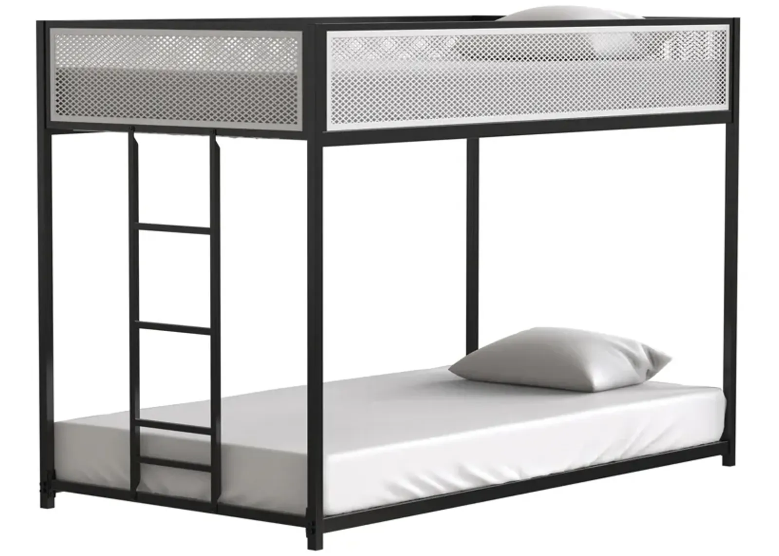 Twin Over Twin Bunk Metal Bed Frame with Mesh Guard Rail, Removable Ladder, Low Loft Bunk for Kids Bedrooms, Easy Assembly, Black