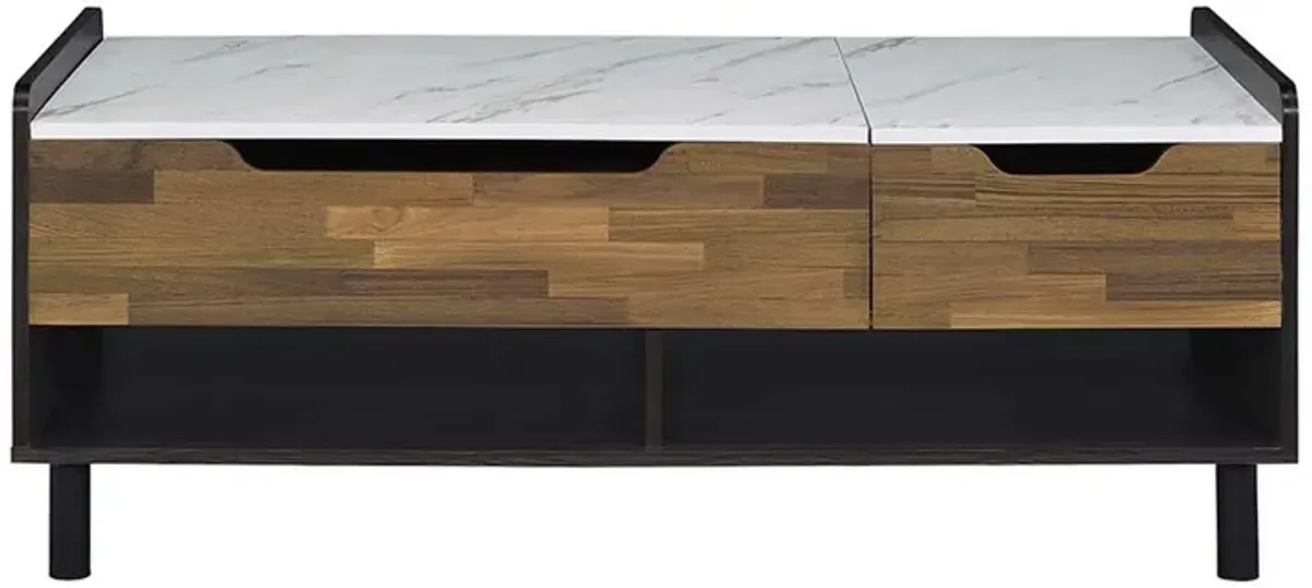 47 Inch Coffee Table, Faux Marble Finished Top, Lift Top, Brown, Black - Benzara