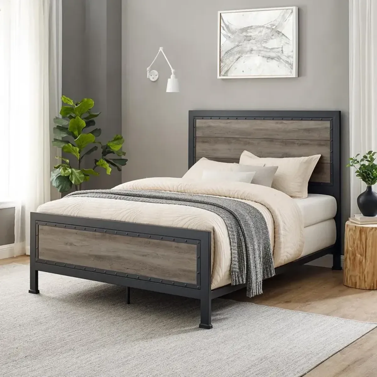 Belen Kox Rustic Industrial Queen Size Platform Bed - Grey Wash, Belen Kox