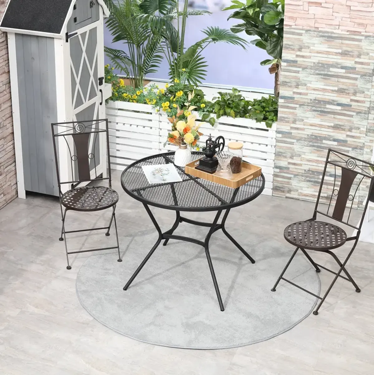 Black Patio Dining: 35" Round Steel Table with Mesh Top