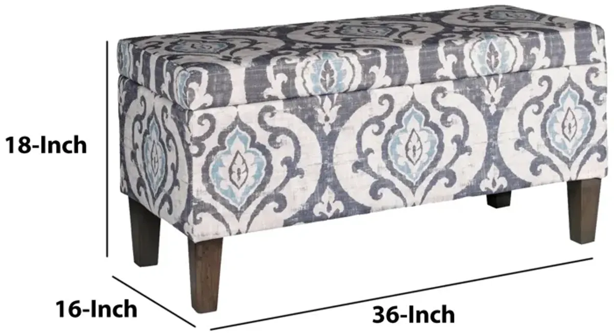 Damask Patterned Fabric Upholstered Wooden Bench With Hinged Storage, Large, Multicolor - Benzara